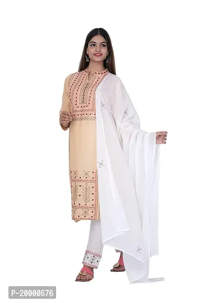 Purvi Womens Rayon Embroidred Kurta And Pant With Dupatta Set (Beige-L)-thumb0