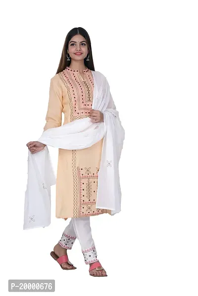 Purvi Womens Rayon Embroidred Kurta And Pant With Dupatta Set (Beige-L)-thumb3