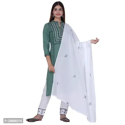 Purvi Womens Rayon Embroidred Kurta And Pant With Dupatta Set (Green-L)-thumb0