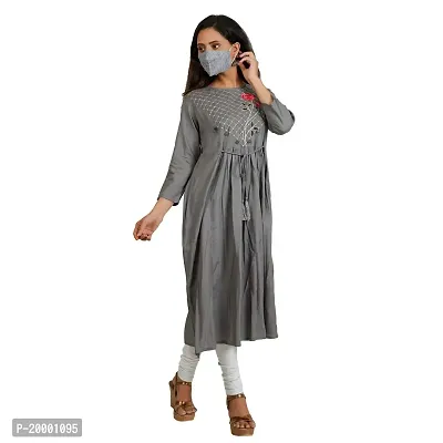 Purvi Women's Rayon Zari Emberoidered Flare Kurta with Hand Work And Tassles (GREY, S)-thumb2