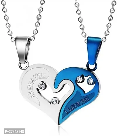 Steel Couple Pendant with 1 Beautiful Heart Necklace Set for Men and Women-thumb0