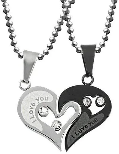 Token of Love 2 Piece Stainless Couple Pendant with 1 Beautiful Heart Necklace Set for Men and Women