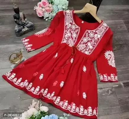 Elegant Red Embroidered Cotton Short Kurta For Women-thumb0