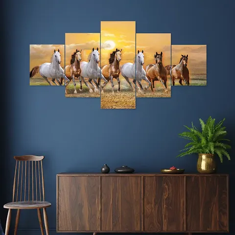 Nitshwet Set Of 5 Seven Running Horses Vastu Framed Wall Painting Scenery For Home Decoration, Living Room, Office.(75 x 43 CM, Multicolour)