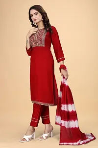 Stylish Red Rayon Embroidered Straight Kurta, Bottom and Dupatta Set For Women-thumb1