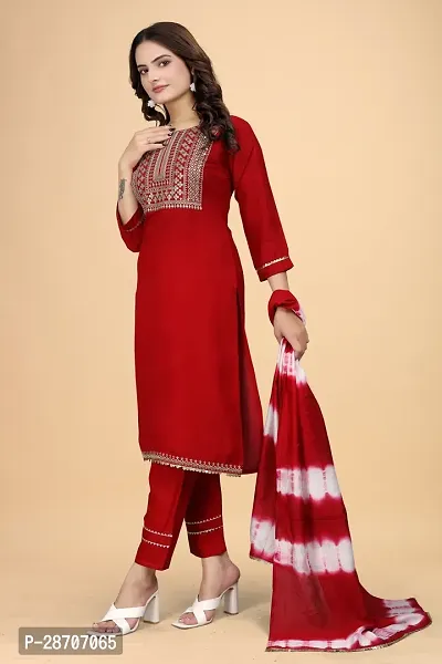 Stylish Red Rayon Embroidered Straight Kurta, Bottom and Dupatta Set For Women-thumb2