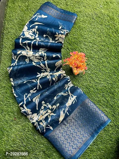 Elegant Blue Cotton Printed Saree With Blouse Piece For Women-thumb0