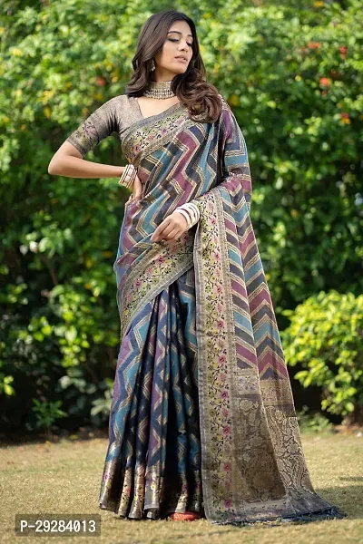 Elegant Grey Organza Printed Saree With Blouse Piece For Women-thumb0