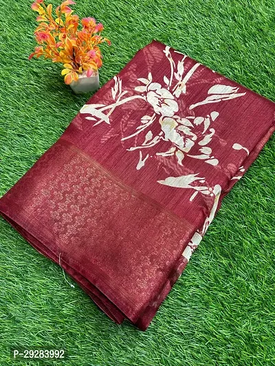 Elegant Brown Cotton Printed Saree With Blouse Piece For Women