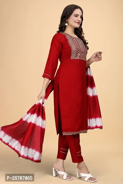 Stylish Red Rayon Embroidered Straight Kurta, Bottom and Dupatta Set For Women-thumb3