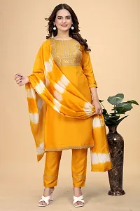 Stylish Mustard Rayon Embroidered Straight Kurta, Bottom and Dupatta Set For Women-thumb3