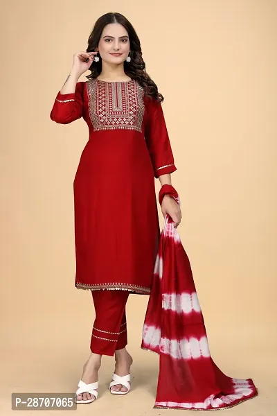 Stylish Red Rayon Embroidered Straight Kurta, Bottom and Dupatta Set For Women