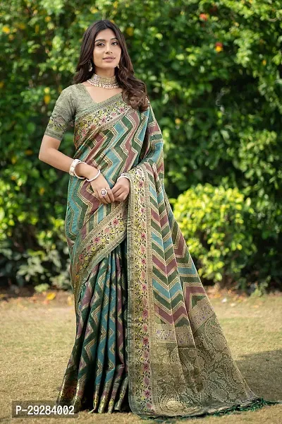 Elegant Green Organza Printed Saree With Blouse Piece For Women-thumb0