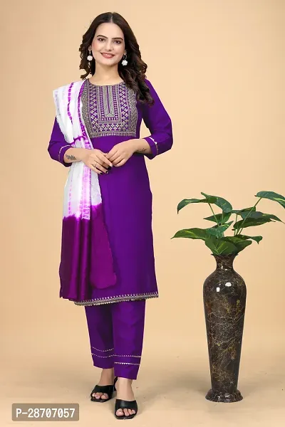 Stylish Purple Rayon Embroidered Straight Kurta, Bottom and Dupatta Set For Women-thumb0