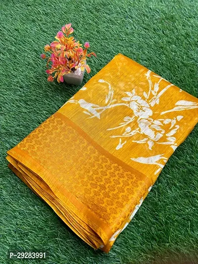 Elegant Yellow Cotton Printed Saree With Blouse Piece For Women