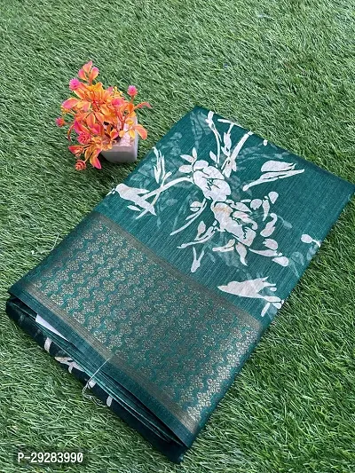 Elegant Green Cotton Printed Saree With Blouse Piece For Women