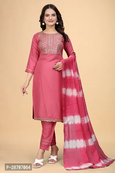 Stylish Pink Rayon Embroidered Straight Kurta, Bottom and Dupatta Set For Women