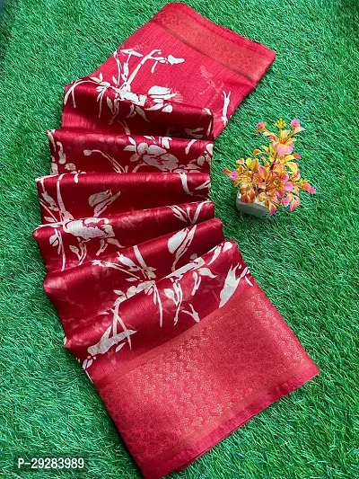 Elegant Red Cotton Printed Saree With Blouse Piece For Women