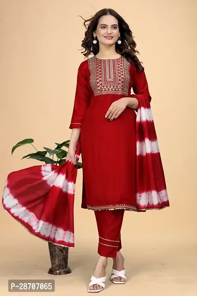 Stylish Red Rayon Embroidered Straight Kurta, Bottom and Dupatta Set For Women-thumb4