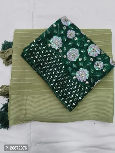 Beautiful Green Chiffon Saree With Blouse Piece-thumb0