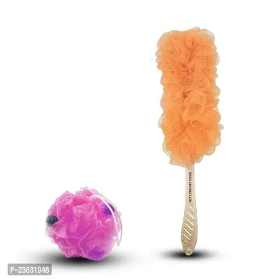 Swiss Connection Bath Sponge Shower Loofah  Handle Loofah,   Back Body  Scrubber For Shower || Long Handle Loofah or Bath Body Brush || Efficient Cleaning ( Multicolor )( Pack of 2)