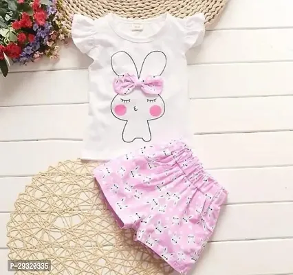 Stylish Pink Cotton Printed Top With Bottom Set For Girl-thumb0