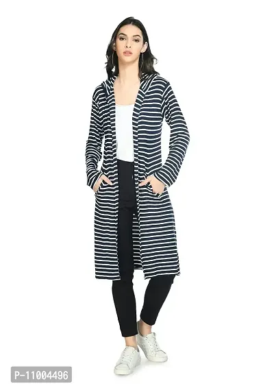 NONU Women's Black & White Striped Longline Shrug (Blue, M)-thumb3