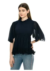 Dee-Nayra Stylish Georgette Round Neck Top for Women (Large, Navy Blue)-thumb1