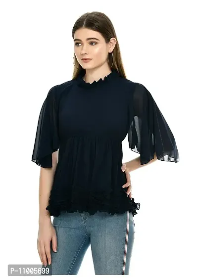 Dee-Nayra Stylish Georgette Round Neck Top for Women (Large, Navy Blue)-thumb2