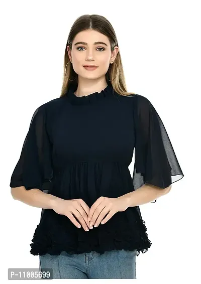Dee-Nayra Stylish Georgette Round Neck Top for Women (Large, Navy Blue)-thumb0