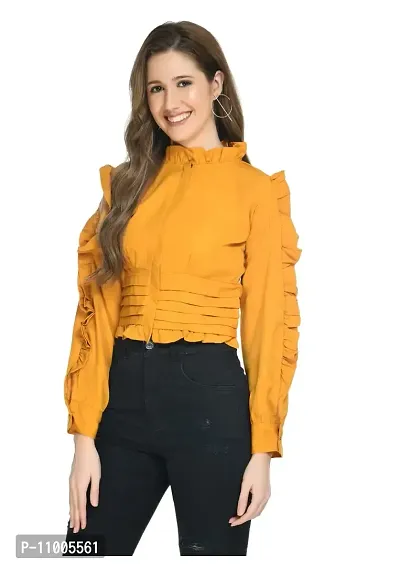 TRF Women's Poly Crepe Full Sleeves Crop Top (M, Mustard)-thumb0