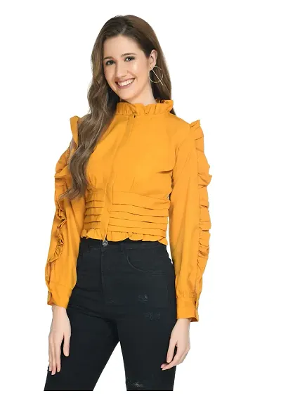 TRF Women's Poly Crepe Full Sleeves Crop Top (M, Mustard)