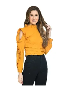 TRF Women's Poly Crepe Full Sleeves Crop Top (M, Mustard)-thumb3