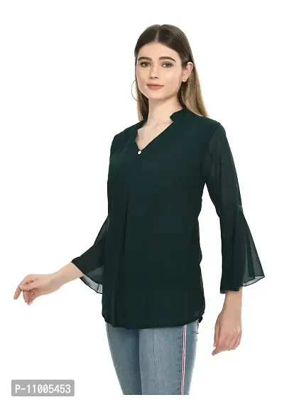 NONU Stylish Georgette Blend V-Neck Top for Women,Dark Green-XL-thumb3