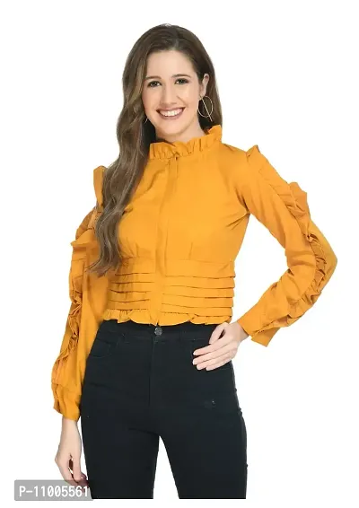 TRF Women's Poly Crepe Full Sleeves Crop Top (M, Mustard)-thumb2