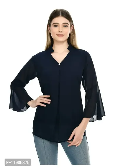 NONU Stylish Georgette Blend V-Neck Top for Women,Navy Blue-XXL-thumb0