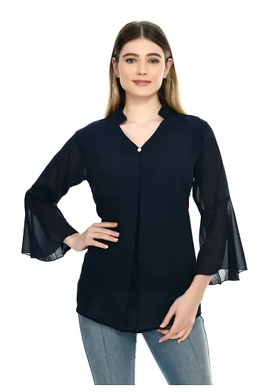 NONU Stylish Georgette Blend V-Neck Top for Women