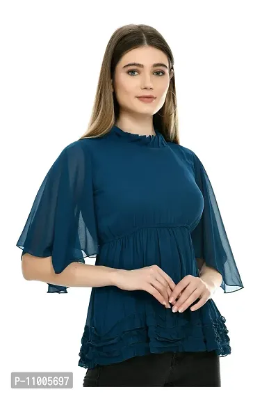 Dee-Nayra Stylish Georgette Round Neck Top for Women Blue-thumb3