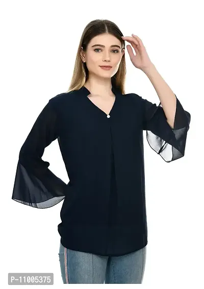 NONU Stylish Georgette Blend V-Neck Top for Women,Navy Blue-XXL-thumb4