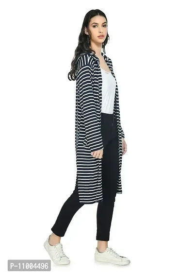 NONU Women's Black & White Striped Longline Shrug (Blue, M)-thumb2