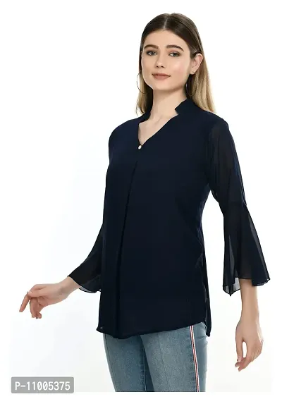 NONU Stylish Georgette Blend V-Neck Top for Women,Navy Blue-XXL-thumb3