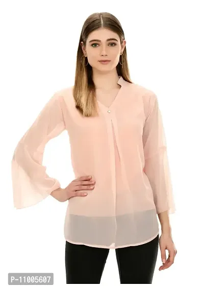 NONU Stylish Georgette Blend V-Neck Top for Women,Peach-XXL