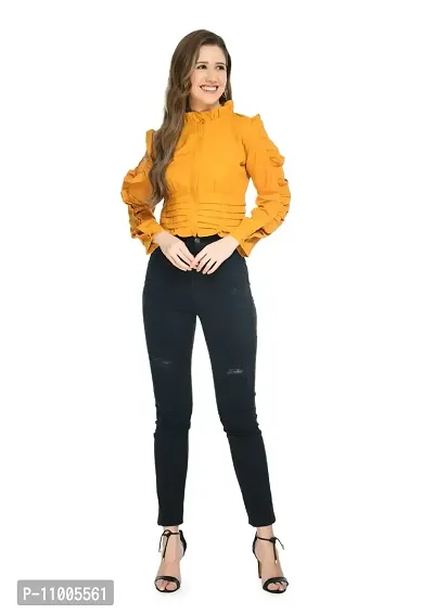 TRF Women's Poly Crepe Full Sleeves Crop Top (M, Mustard)-thumb3