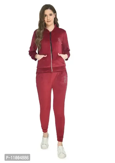 NONU Women's Velvet Track Suits/Regular fit track suit (Maroon, L)