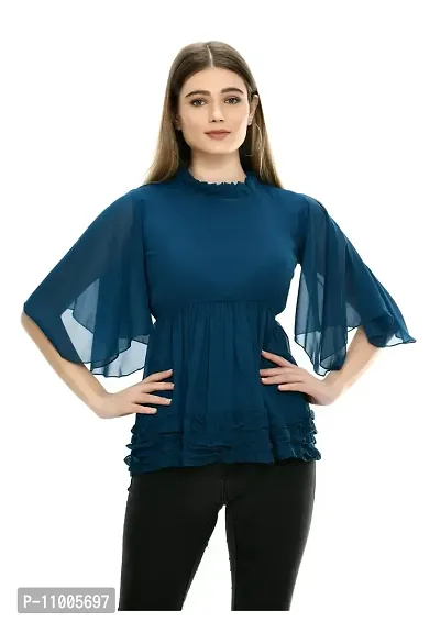 Dee-Nayra Stylish Georgette Round Neck Top for Women Blue