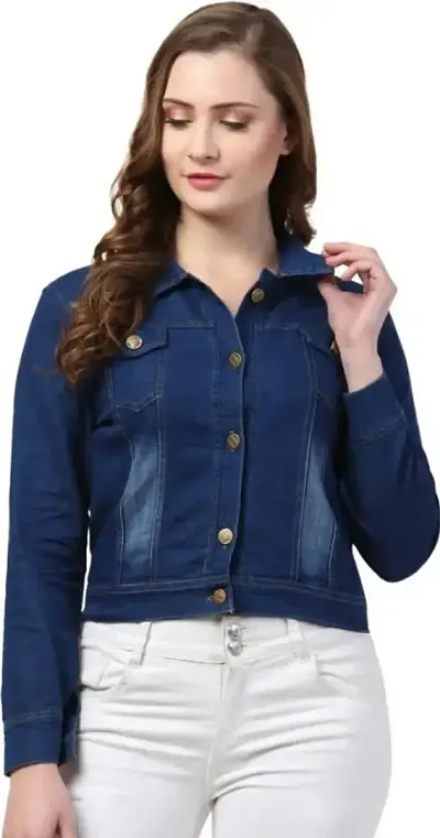 AYRIN AYJ00201 Women's Full Sleeve Solid Regular Denim Jacket (Blue)