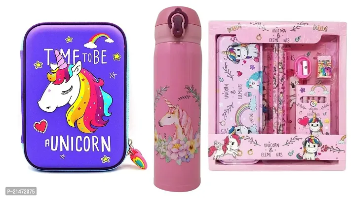 MINDFIT Unicorn Pouch STATIONERY SET AND BOTTLEfor Girls Aesthetic Pencil Case for Students | Girls Pouches for School Stylish | Unicorn Pouch for Girls Stationery Set School Supply for Students for K-thumb0