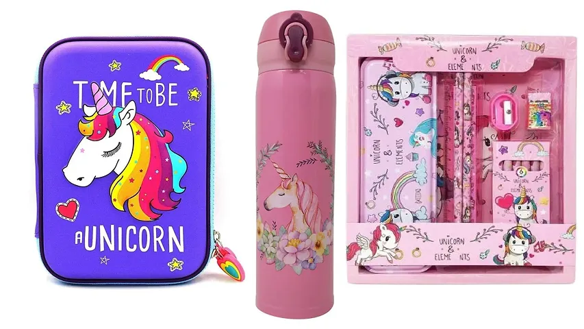 MINDFIT Unicorn Pouch STATIONERY SET AND BOTTLEfor Girls Aesthetic Pencil Case for Students | Girls Pouches for School Stylish | Unicorn Pouch for Girls Stationery Set School Supply for Students for K
