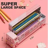 Cartoon Printed Magic Bus Geometry Box Double Compartment Metal Body Pencil Case Pen Pencil Holder with Sharpener and Moving Tyres Like Bus Random Color (Pack of 1)-thumb2