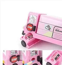 Cartoon Printed Magic Bus Geometry Box Double Compartment Metal Body Pencil Case Pen Pencil Holder with Sharpener and Moving Tyres Like Bus Random Color (Pack of 1)-thumb3